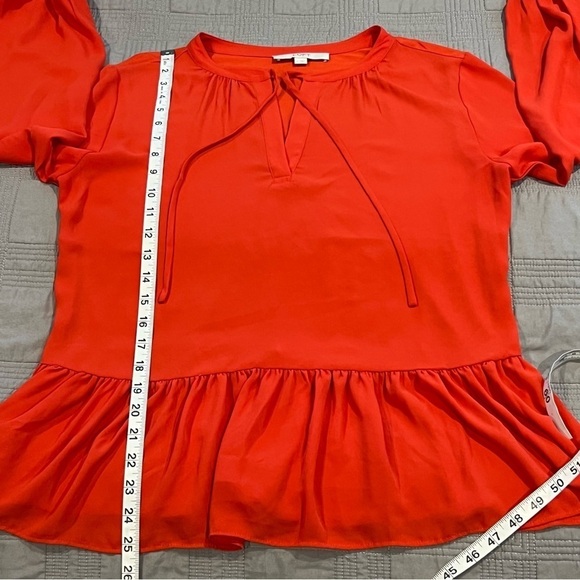 Loft Womens M Long Sleeve Blouse Tie Neck Orange Peplum Shirt - Picture 6 of 6